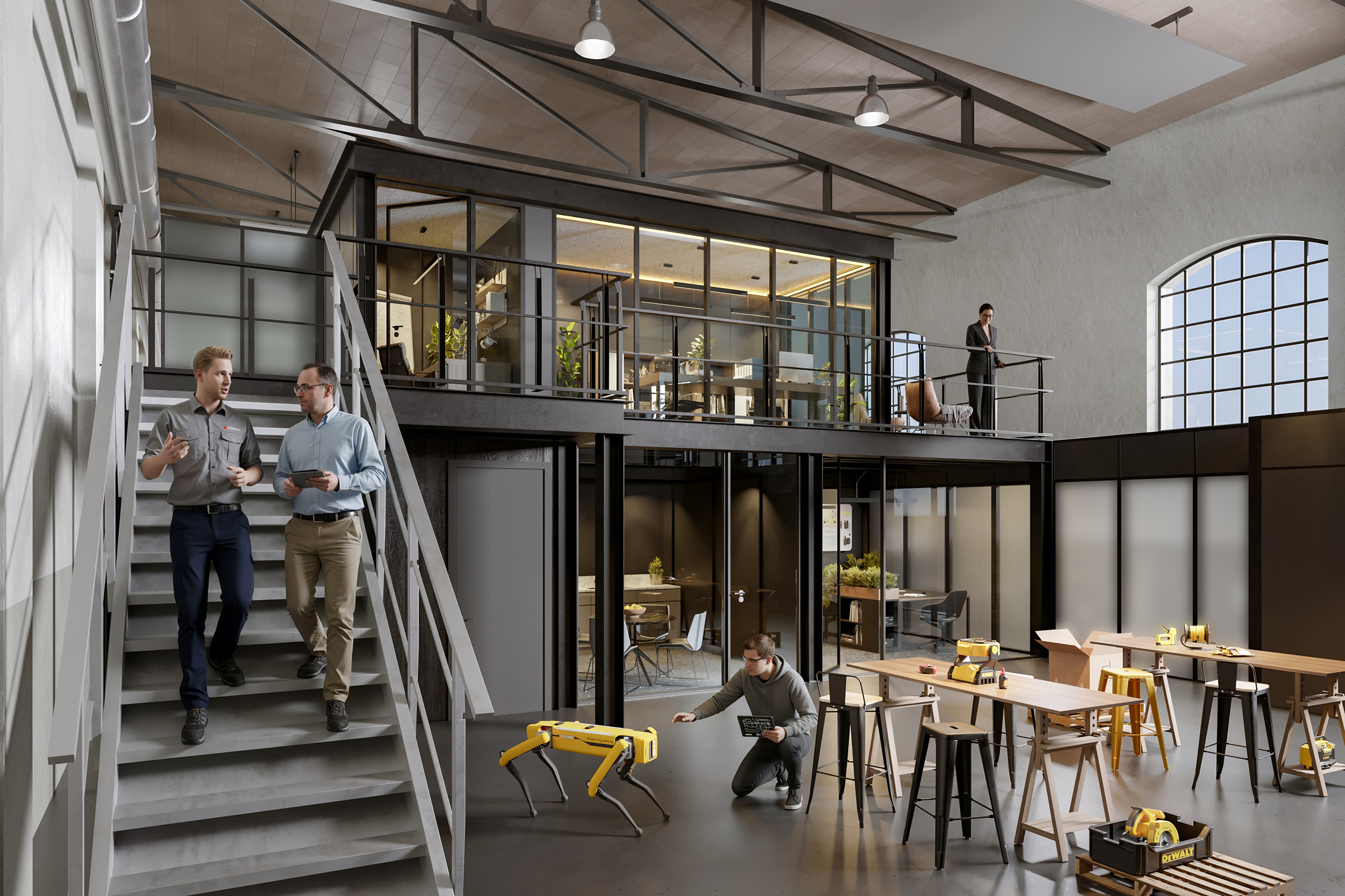 Rendering einer Produktionshalle mit modularen Stahleinbauten